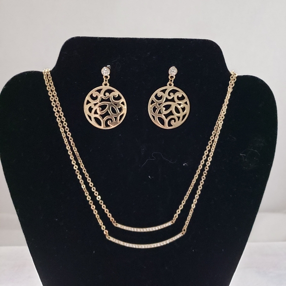 Vintage Charming Charlie's Goldtone Necklace with two bars with rhines and Bonus - Picture 1 of 8